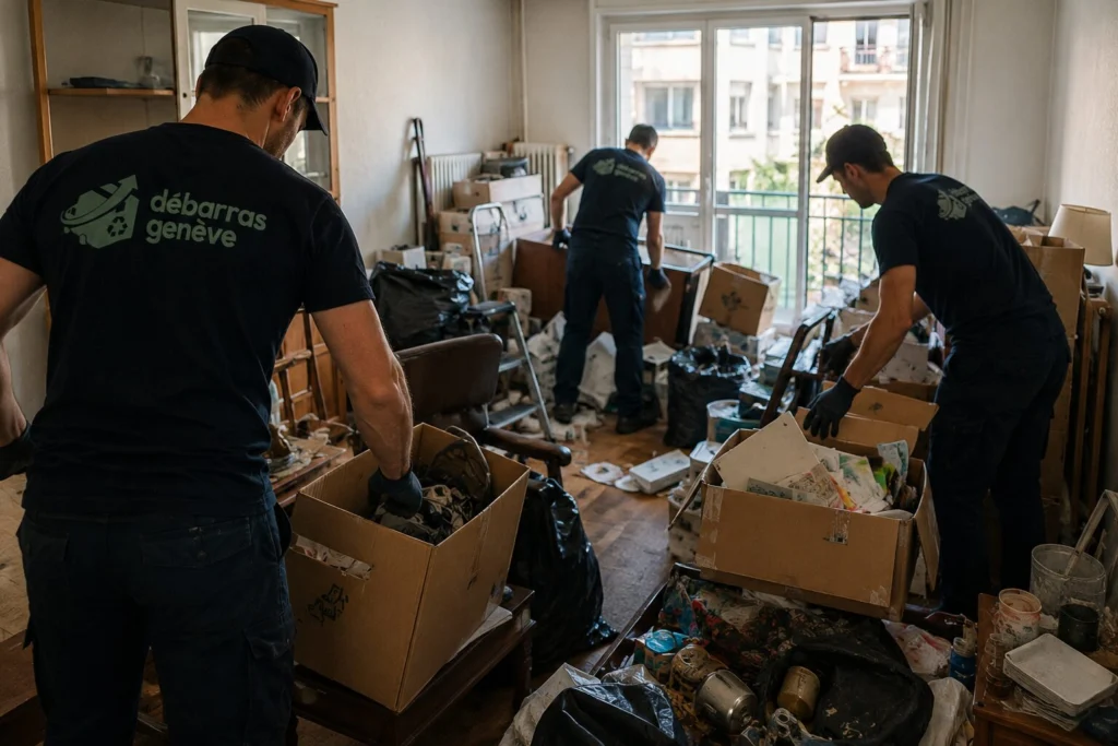 Équipe Débarras Genève intervenant dans un appartement très encombré à Carouge pour une remise en location rapide