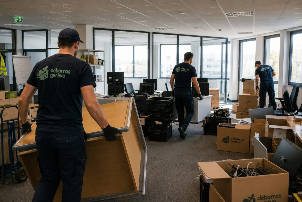 Équipe Débarras Genève démontant du mobilier de bureau et évacuant du matériel informatique dans des locaux professionnels à Plan-les-Ouates
